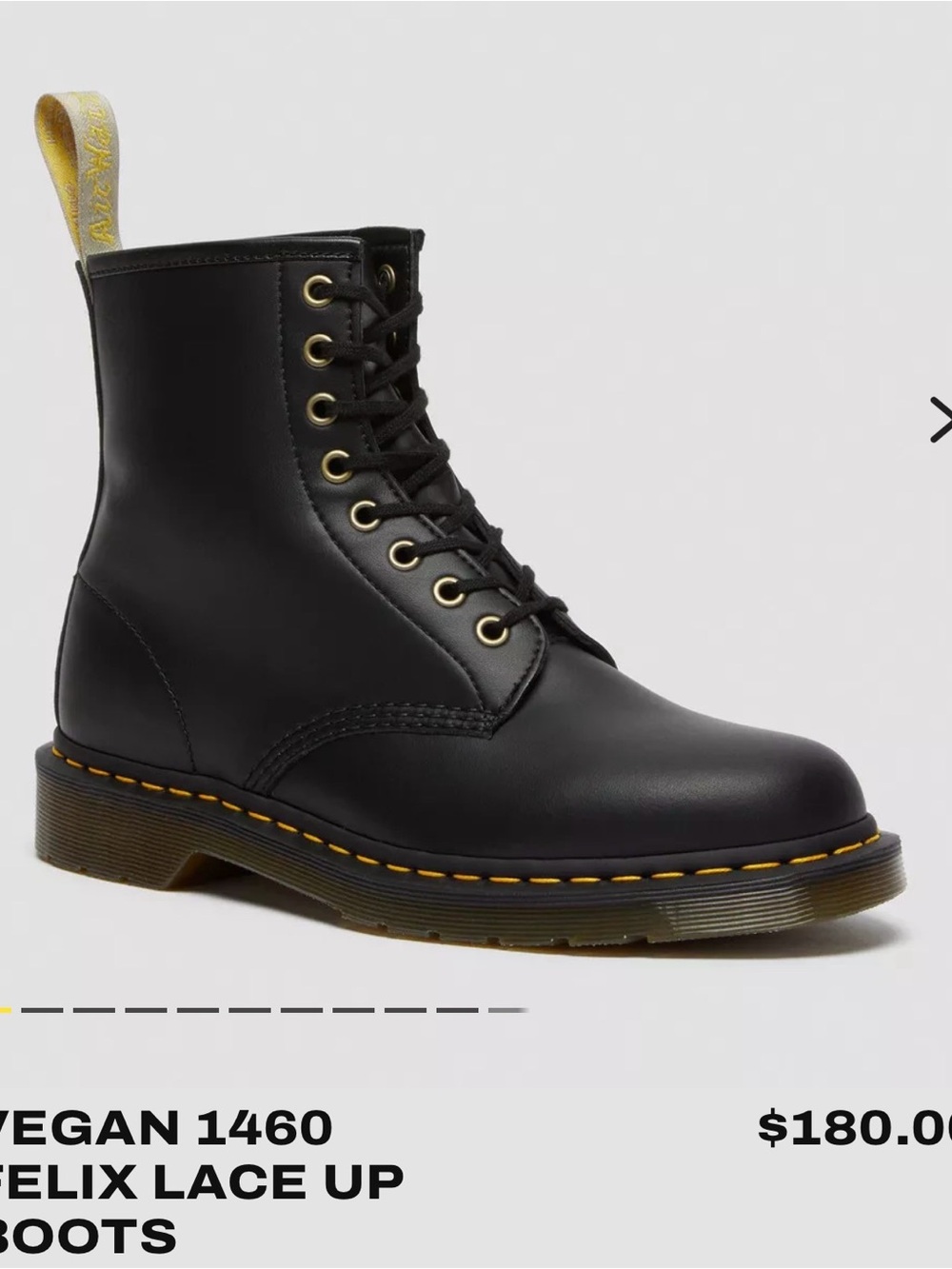 Dr. Martens Black Vegan 8-Eye Lace-Up Boots with Yellow Pull-Tab